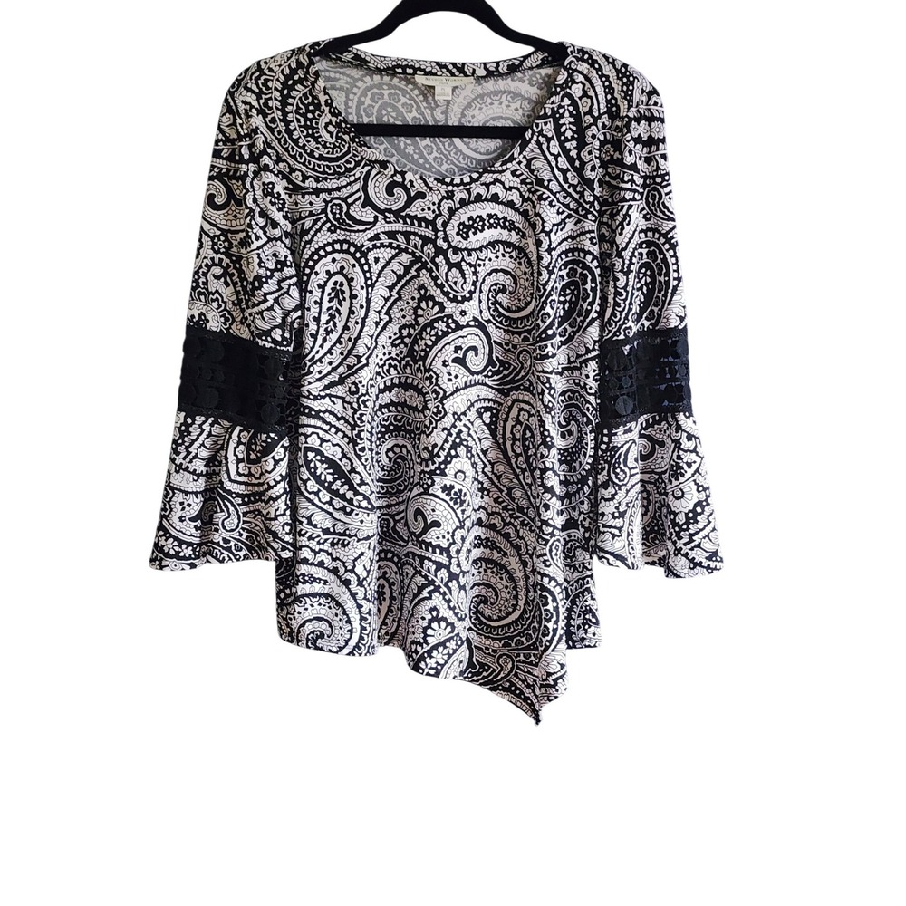 Studio Works Paisley Blouse Women‎ PL Black White Bell Sleeve Crochet